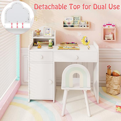 HONEY JOY Kids Vanity, Cloud Shape Wooden Girls Vanity Set with Mirror and Stool, Drawers, Storage Cabinet, Toddler Makeup Desk Dressing Table, Pretend Play Kids Vanity Table and Chair Set (White)