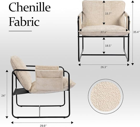 Modern Accent Chair Comfortable Living Room Chairs with Armrests, Bedroom Reading Chair, Chenille Upholstered Lounge Metal Chair
