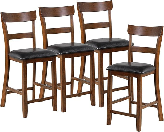 COSTWAY Counter Height Bar Stools Set of 4, 25.5 Inch Mid Century Modern Wooden High-top Chairs with Backrest, Rubber Wood Legs, Faux Leather Seat, Farmhouse Barstools for Kitchen Island, Pubs
