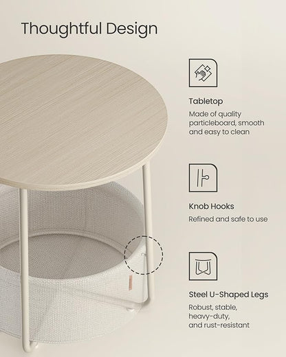 VASAGLE LILEA Collection - Small Round Side End Table, Modern Nightstand with Fabric Basket, for Living Room, Bedroom, Set of 2, Cream White ULET225LL01S