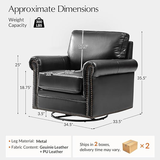 HULALA HOME Swivel Accent Chair Genuine Leather Barrel Rocker Chair with Metal Base Transitional Armchair Padded Round Armrest Set of 2, Black
