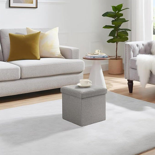 VECELO Storage Ottoman, 11.8'' Folding Footstools, Multipurpose Foot Rest Stool, Foldable Linen Fabric Ottomans, Small Square Ottoman Cube for Living Room/Bed Room/Dorm, Grey