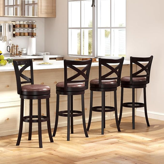 COSTWAY Bar Stools Set of 4, 30" Swivel Bar Height Bar Chairs with Copper Nails, Upholstered Seat, X-Shaped Backrest, Solid Rubber Wood Frame, for Kitchen Island Pub Bar