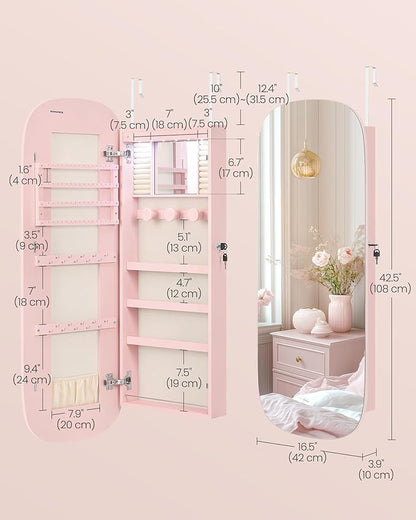 SONGMICS Jewelry Organizer, LED Jewelry Cabinet Wall/Door Mounted, Lockable Rounded Wide Mirror with Storage, Christmas Gift 3.9 x 16.5 x 42.5 Inches, Jelly Pink Surface with Cream White Lining