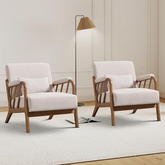 Mid Century Modern Accent Chair with Solid Wood Frame, Upholstered Living Room Chairs with Lumbar Cushion Padded Arms, Reading Armchair for Bedroom Set of 2, Beige