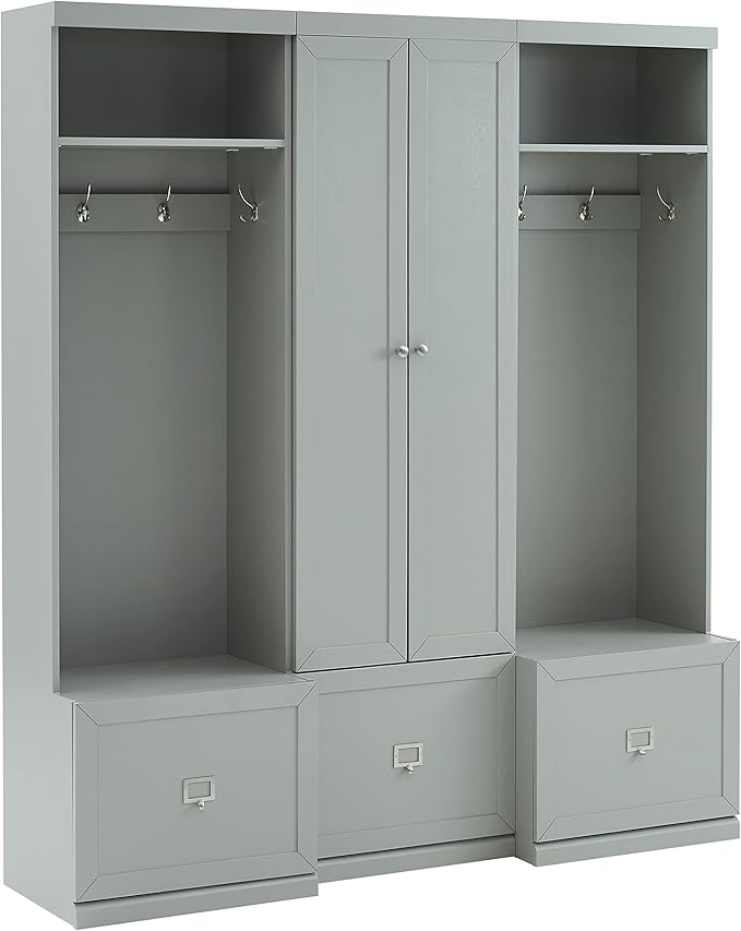 Crosley Furniture Harper 3-Piece Hall Tree and Storage Cabinet Set with Entryway Bench and Hooks for Hanging, Gray