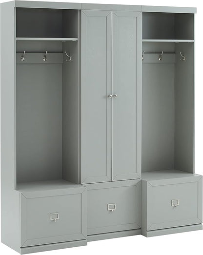 Crosley Furniture Harper 3-Piece Hall Tree and Storage Cabinet Set with Entryway Bench and Hooks for Hanging, Gray