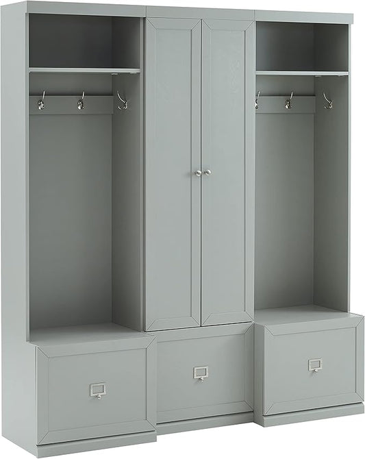 Crosley Furniture Harper 3-Piece Hall Tree and Storage Cabinet Set with Entryway Bench and Hooks for Hanging, Gray