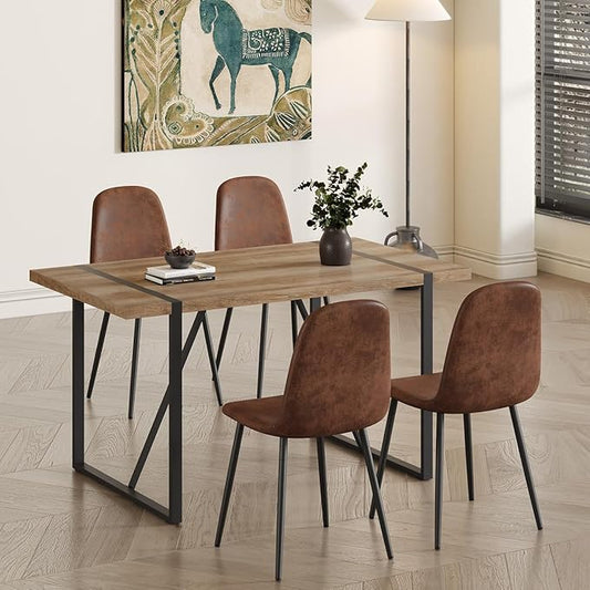 4 Chair Dining Table Set，Dinner Table Set for 4，55'' Kitchen Table and Suede Nap Fabic Chairs Set of 4, 5 Piece Dining Table Set for Kitchen Dining Room