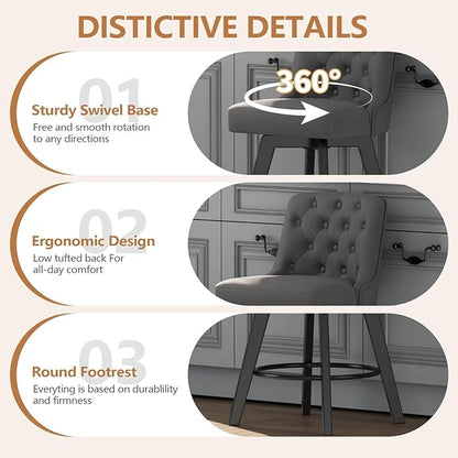 MINCETA Bar Stools Set of 2, PU Leather Barstools, 26 Inch Upholstered Counter Stools with Low Tufted Back and Footrest, Swivel Counter Height Barstools for Kitchen Island Home Bar Dark Gray