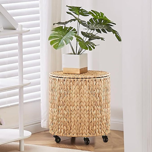 Wimarsbon Round Pouf Ottomans, Handwoven Natural Water Hyacinth Seagrass Pouffe,Outdoor Rattan Stool Accent Seat, Bohemian Coastal Home Decor (Storage Ottoman - Natural Water Hyacinth Braid)