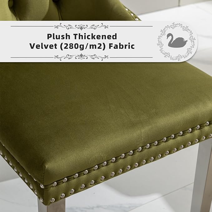Velvet Upholstered Dining Chairs Set of 8, Modern Kitchen Side Chairs with Nailhead Trim and Silver Plated Leg, Metal Pulling Ring for Dining Room Living Room(Olive Green-Silver Plated Leg)