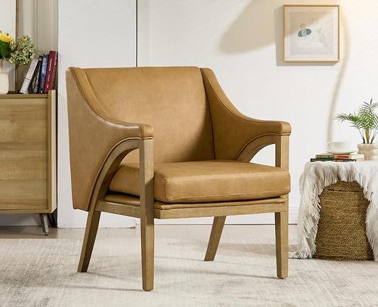 EALSON Modern Accent Chair Comfy Leather Living Room Chair with Wooden Frame and Armrest Mid Century Upholstered Reading Lounge Armchair for Living Room/Bedroom/Reading/Balcony, Brown