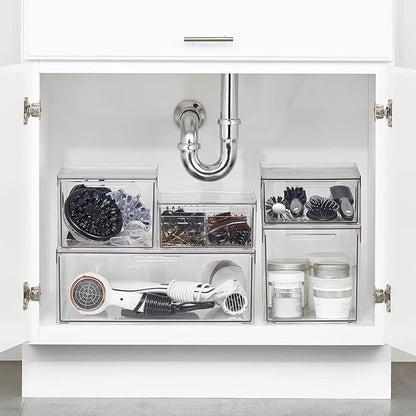 mDesign Plastic Stackable Bathroom Storage with Pull Out Bin Organizer Drawer for Cabinet, Vanity, Shelf, Cupboard, Cabinet, or Closet Organization - Lumiere Collection - 4 Pack - Clear