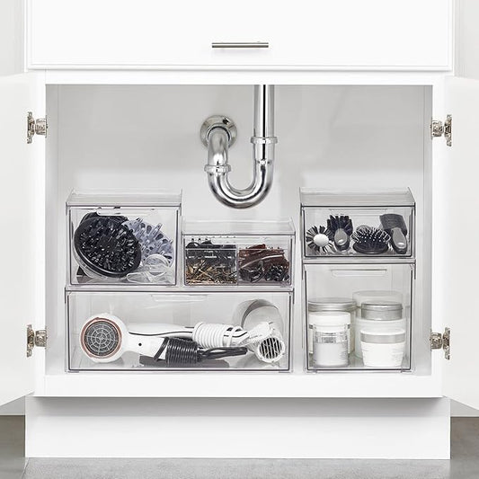 mDesign Plastic Stackable Bathroom Storage with Pull Out Bin Organizer Drawer for Cabinet, Vanity, Shelf, Cupboard, Cabinet, or Closet Organization - Lumiere Collection - 4 Pack - Clear