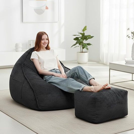 Cloud Bean Bag Chair with Ottoman for Adults, Comfy Corduroy Chaise Lounge Chair with High-Resilience Foam, Oversized Boneless Reading Chair for Bedroom & Living Room Black
