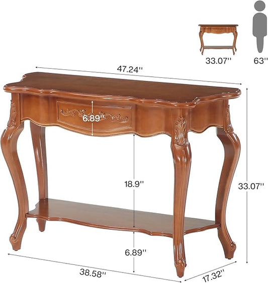 Tribesigns Vintage Console Table with Solid Wood Veneer, 47.2-Inch Mid-Century Modern Entryway Table with 2 Shelves, Victorian Furniture for Living Room, Hallway, Entrance, Foyer (Walnut)