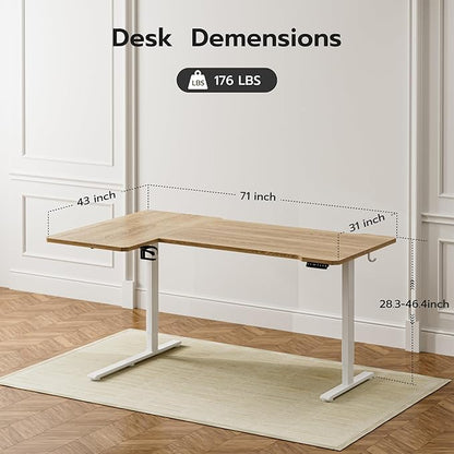 71" Reversible L-Shaped Electric Standing Desk Adjustable Height Gaming Stand Up Corner Desk Sit Stand Home Office Computer Desk with Splice Board, Basswood