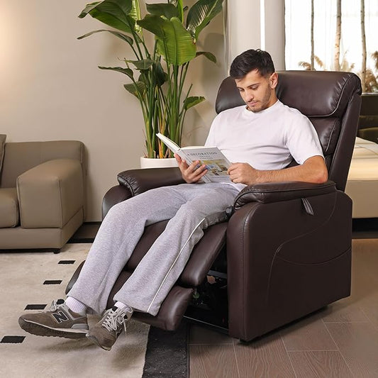 EONIX Wide Lay Flat Power Lift Recliner Chair for Elderly, Oversized Breathable Leather Electric Lift Chairs, 400lbs Heavy Duty Power Recliner with Heat and Massage, SLRY004063, Dark Brown