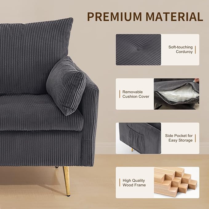 Furnimart 3-Seater Storage Sofa and Couch, Corduroy Loveseat with Accent Single Chair, Small Living Room Furniture Set for Apartment, Tiny Homes and Lofts, 2PC-Gray
