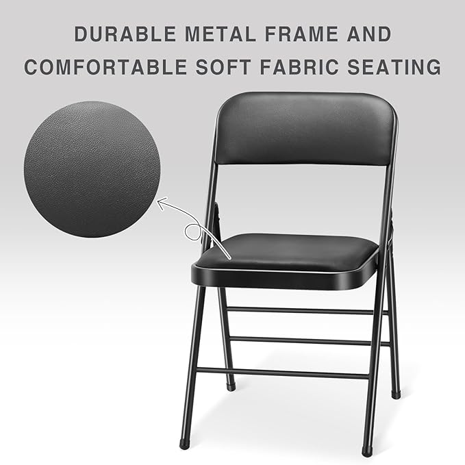 cyclone sound 2 Pack Folding Chairs with PU Padded Cushion and Back, Commercial Grade Metal Chairs with Comfortable PU Leather Cushion for Home and Office, for Indoor and Outdoor Events (2, Black-PU)