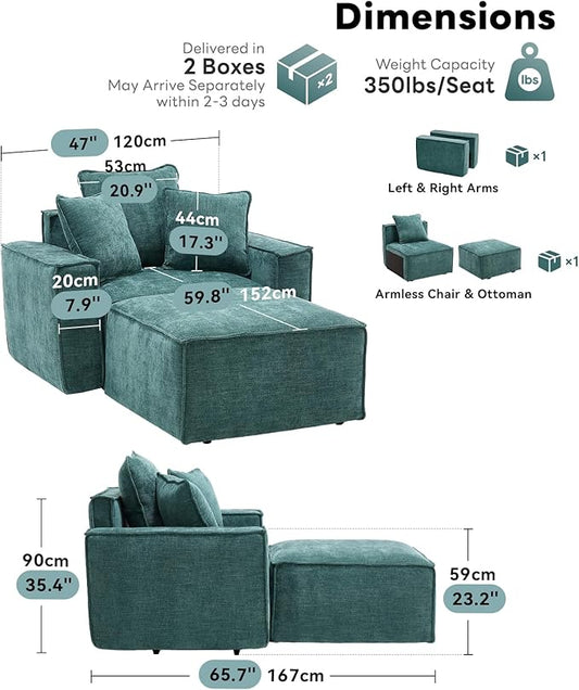 WILLOVE 47'' Single Sofa with Ottoman, Chenille Cloud Couch with Wide Armrests & 3 Pillows, Deep Seat Couches for Living Room, Green