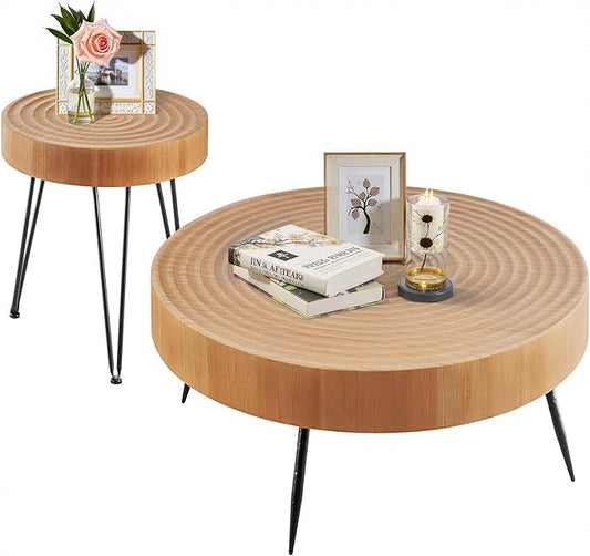 VEVOR 2 Pieces Round Coffee Tables Sets, 31.3 in Industrial Living Room Table with 1 End Side Table, Easy Assembly Coffee and End Tables Sets with Metal Legs, for Office, Living Room and Apartment