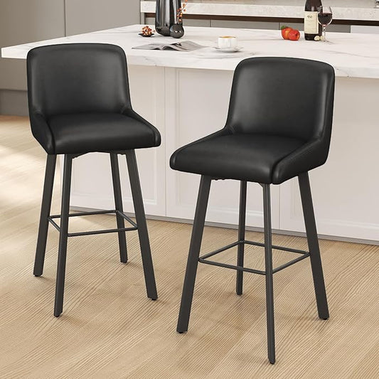 Swivel Bar Stools, 30''H Upholstered Barstools with Backs, Modern Counter Height Bar Stool Chairs for Kitchen Island, Metal Legs (Black- Faux Leather, Set of 2-30" H)