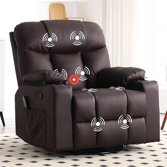 Bonzy Home Swivel Rocker Recliner with Heating and Massage, 40" Manual Rocker Recliner Chair, PU Leather Single Sofa with 2 Cup Holders for Living Room Bedroom, Brown