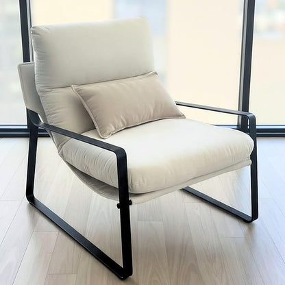 LukeAlon Modern Linen Accent Armchair, Upholstered Soft Living Room Chair with Metal Base Removable Thickened Cushion Single Sofa Chair Comfy Lounge Chair for Bedroom Living Room, White