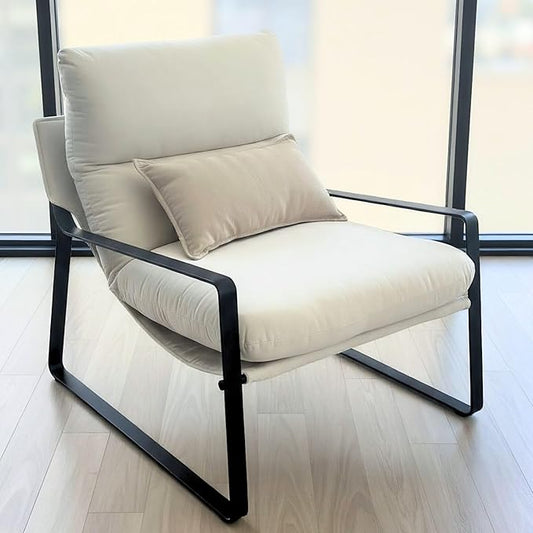 LukeAlon Modern Linen Accent Armchair, Upholstered Soft Living Room Chair with Metal Base Removable Thickened Cushion Single Sofa Chair Comfy Lounge Chair for Bedroom Living Room, White