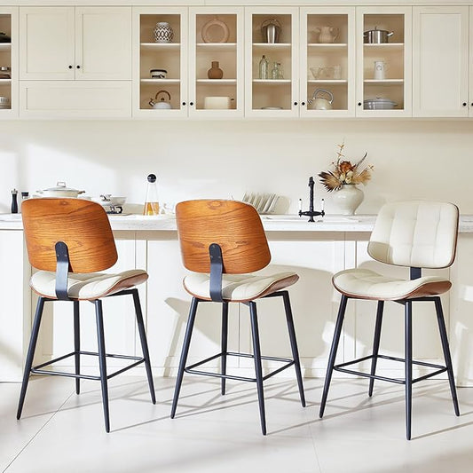 Mid Century Modern Bar Stools Set of 3 for Kitchen Island,Upholstered Beige Faux Leather Counter Height stools,26 Inch Counter stools with Walnut Grain Back