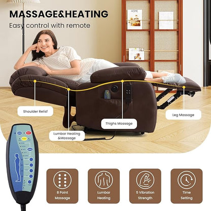 TEKAMON Dual Motor Power Lift Recliner Chair for Elderly, Breathable Leather Recliner with Heat & Massage, Lay Flat Sleeping Chairs with Infinite Position, Remote Control & USB Ports(Brown)