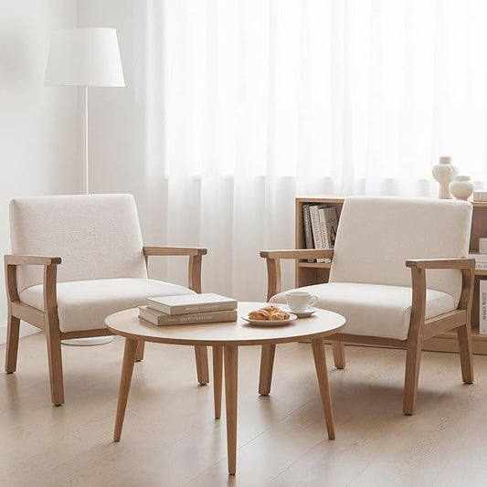 HNY Mid Century Modern Accent Chairs Set of 2 with Wood Frames, Linen Upholstered Living Room Arm Chairs for Living Room, Bedroom, Ivory