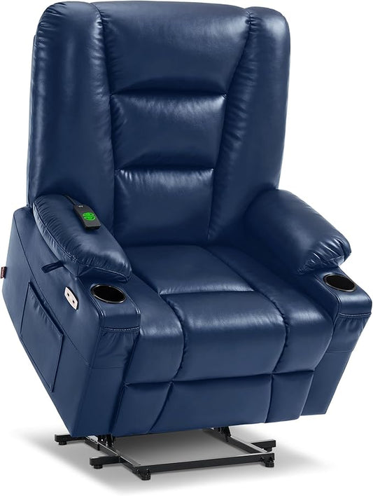 MCombo Oversized Power Lift Recliner Chair with Massage and Heat for Big and Tall Elderly People, Cup Holders, USB Ports, Side Pockets, Faux Leather R7541 (Navy Blue, Large-Oversize)