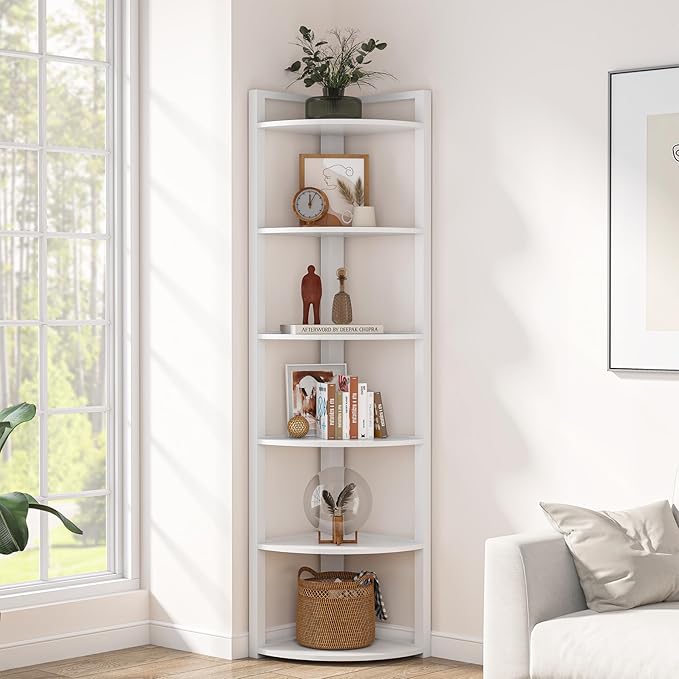 TRIBESIGNS WAY TO ORIGIN Corner Shelf, 70.9 Inch Tall Corner Bookshelf, 6 Tier Ladder Shelf with Metal Frames Multifunctional Modern Bookcase for Living Room, Home Office, Kitchen, Small Space (White)