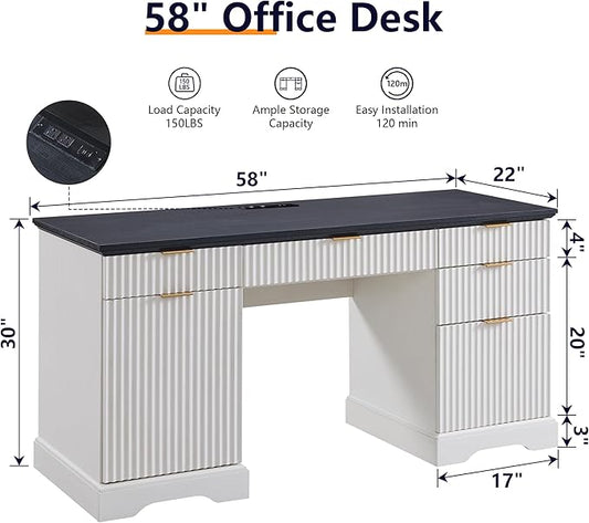 JXQTLINGMU 58" Modern Executive Desk with Storage, Wood Home Office Desk with 5 Drawers & 1 Cabinet, Fluted Computer Writing Desk for Study, Living Room, Bedroom, Antique White