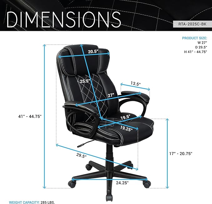 Techni Mobili Ergonomic Executive Office Chair, High Back, Adjustable Height, Lumbar Support, Diamond-Stitched Padding, Swivel Desk Chair with Armrests & Tilt Recline for Home Office or Work (Black)