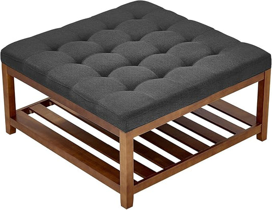 VEVOR Large Square Ottoman Coffee Table, 34.5 Inch Tufted Coffee Table with Solid Wood Shelf Storage, Linen Solid Upholstered Footrest Ottoman for Bedroom Living Room, 400 LBS, Dark Grey