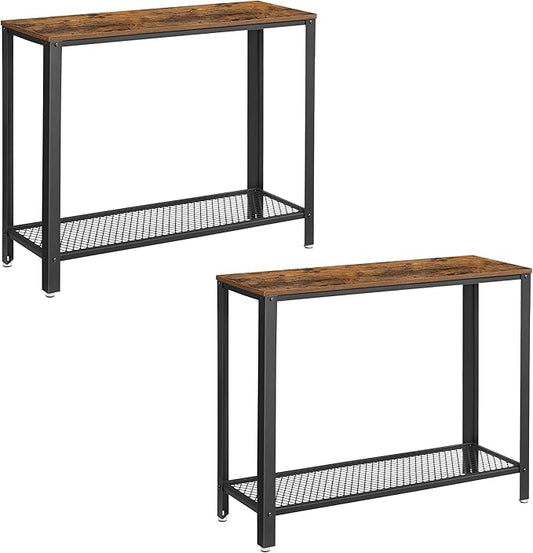 VASAGLE Set of 2 Narrow Sofa Console Tables, 2-Tier Entryway Tables with Mesh Shelf, Steel Frame, Adjustable Feet, for Hallway, Living Room, Industrial Style, Rustic Brown and Black ULNT80X-2J