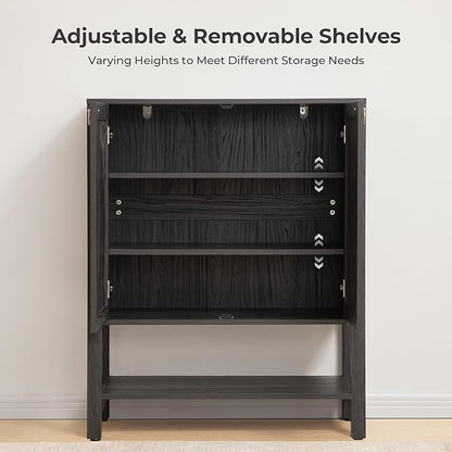 SICOTAS Shoe Storage Cabinet for Entryway - 5 Tier Rattan Entry Shoe Organizer Cabinet with Shelves & Doors, 2 Pieces Farmhouse Boho Tall Shoe Rack for Hallway, Living Room, Closet (Obsidian)