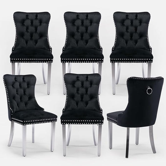 Velvet Upholstered Dining Chairs Set of 6, Modern Style Kitchen Side Chairs with Nailhead Trim and Silver Plated Leg, Metal Pulling Ring for Dining Room Living Room(Black, Set of 6)