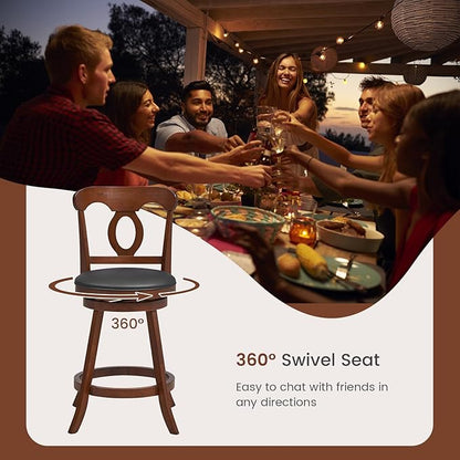 COSTWAY 2 PCS Bar Stools, 24 Inch Swivel Counter Height Chairs with Ergonomic Back & Footrest, Vintage Wooden Barstool Set for Kitchen Island, Pub, Bistro, Café, Espresso (4, 24 Inch)