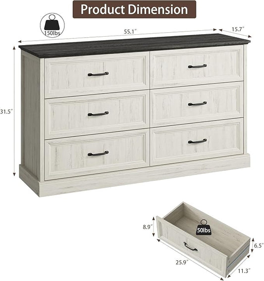 Farmhouse 6 Drawer Dresser for Bedroom, 55 Inch Wide Modern White Dresser TV Stand with Large Drawers & Bar Handles, Rustic Wood Chest of Drawers for Bedroom