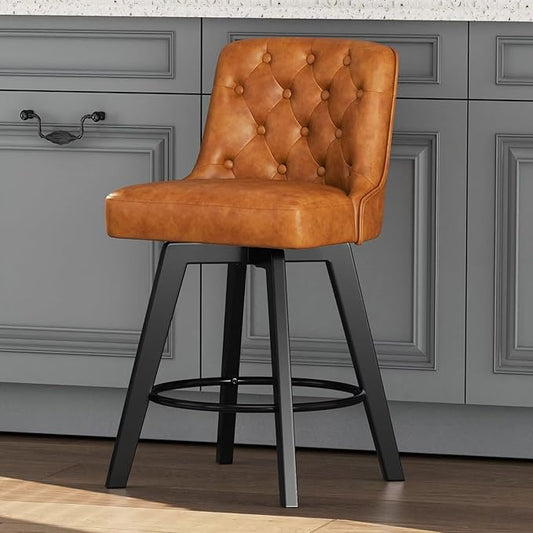 MINCETA Bar Stool, PU Leather Barstool, 30 Inch Upholstered Counter Stool with Low Tufted Back and Footrest, Swivel Counter Height Barstool for Kitchen Island Home Bar Brown