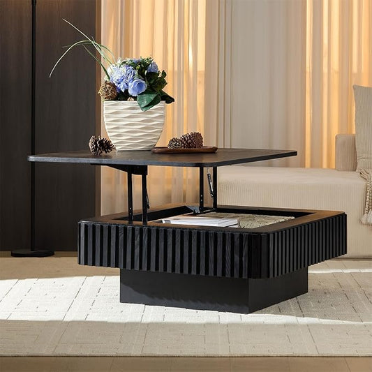 Square Lift-top Coffee Table for Living Room, Fluted Coffee Tables with Hidden Storage, Solid Wood Veneered Modern Tea Center Table for Small Space Apartment (Black-35.43''D×14.57''H)