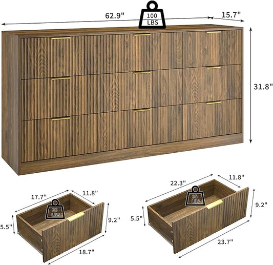 Fluted Wood Dresser for Bedroom,63” Wide 9 Drawer Dresser Mid Century Chest of Drawers Wooden with Gold Handles,Dressers TV Stand Storage Organizer for Closet,Bedroom,Living Room, Walnut