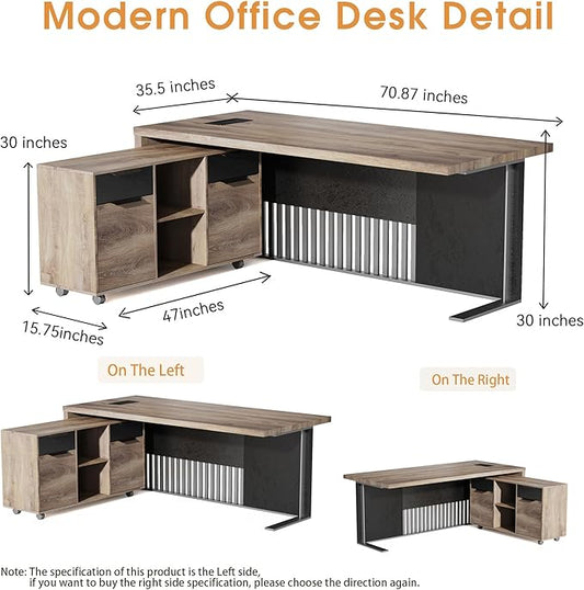 70.87 Inch L Shaped Executive Office Desk with 2 Drawers, Modern Home Office with File Cabinet, Business Furniture W/Stand Under Storage Organizer with 4 Wheels