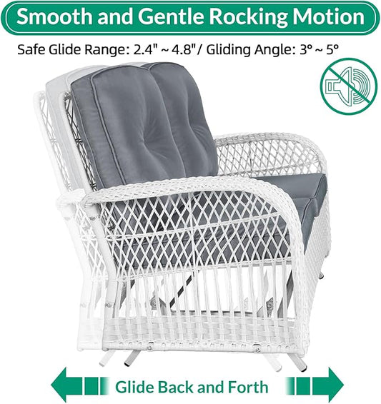 VIVIJASON 4-Piece Outdoor Patio White Wicker Conversation Sets, All Weather Rattan Furniture Set Includes Glider Loveseat, Coffee Table, 2 Glider Rocker Chairs w/Cushion for Lawn Balcony, Grey