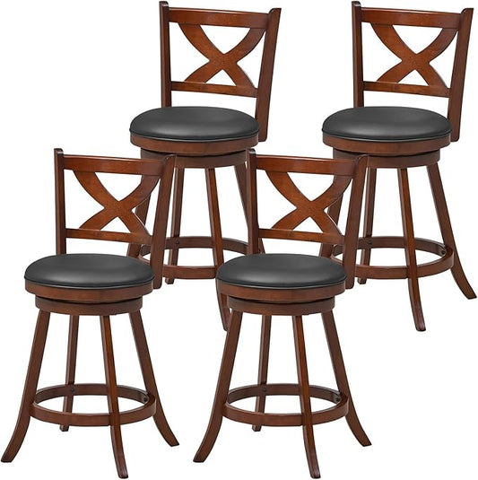 COSTWAY Bar Stools Set of 4, 24 Inch Classic Counter Height Chairs with X-Shaped Open Back, 4 PCS Swivel Barstool Set for Kitchen Island, Pub, Bistro, Café, Espresso (4, 24 Inch)